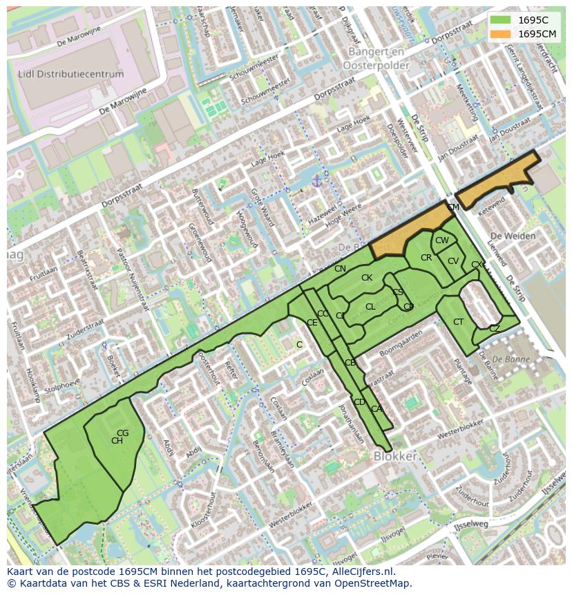 Afbeelding van het postcodegebied 1695 CM op de kaart.