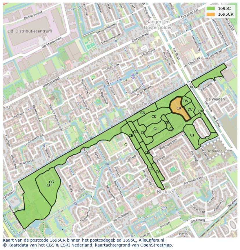 Afbeelding van het postcodegebied 1695 CR op de kaart.