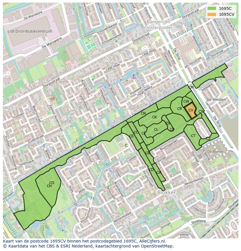 Afbeelding van het postcodegebied 1695 CV op de kaart.