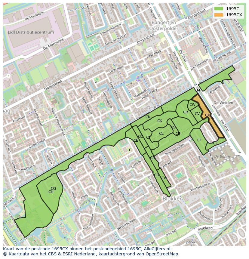Afbeelding van het postcodegebied 1695 CX op de kaart.