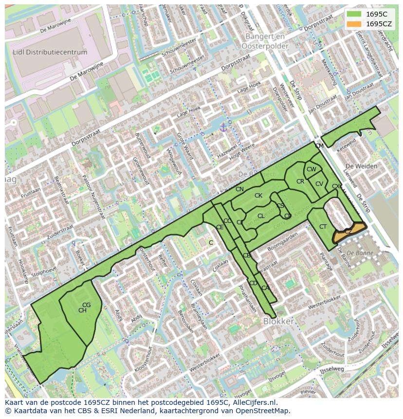Afbeelding van het postcodegebied 1695 CZ op de kaart.