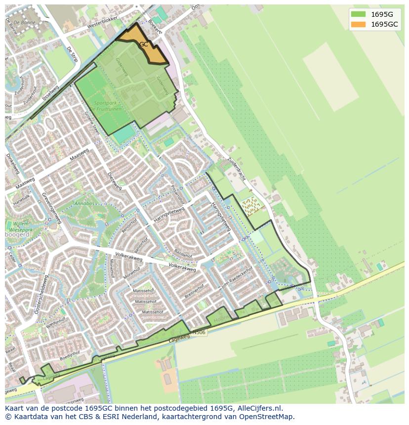 Afbeelding van het postcodegebied 1695 GC op de kaart.