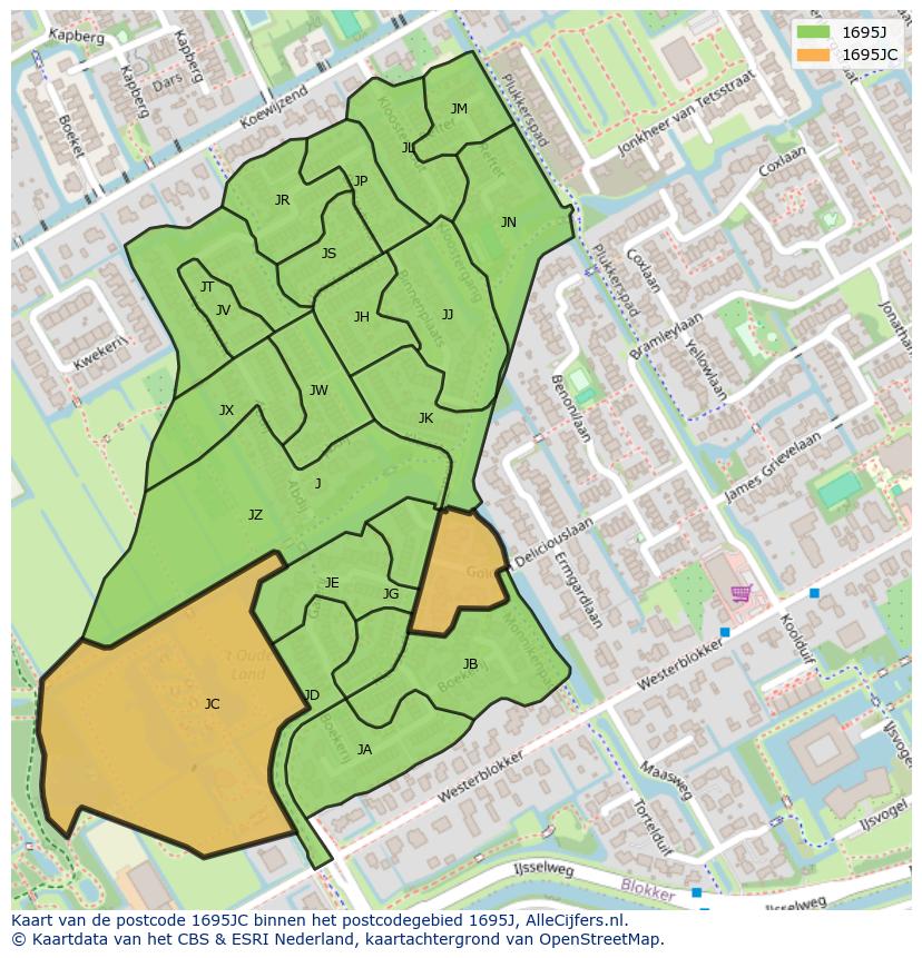 Afbeelding van het postcodegebied 1695 JC op de kaart.