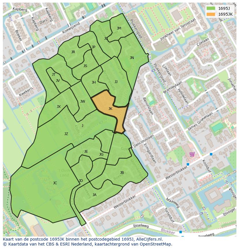 Afbeelding van het postcodegebied 1695 JK op de kaart.