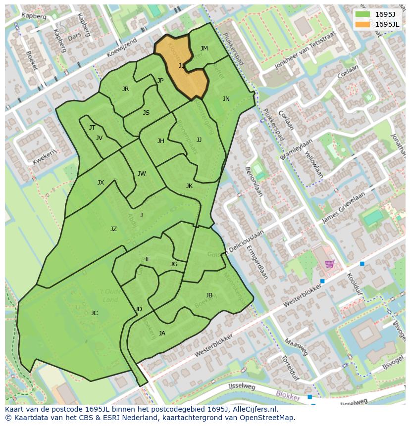 Afbeelding van het postcodegebied 1695 JL op de kaart.