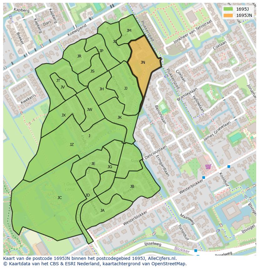 Afbeelding van het postcodegebied 1695 JN op de kaart.