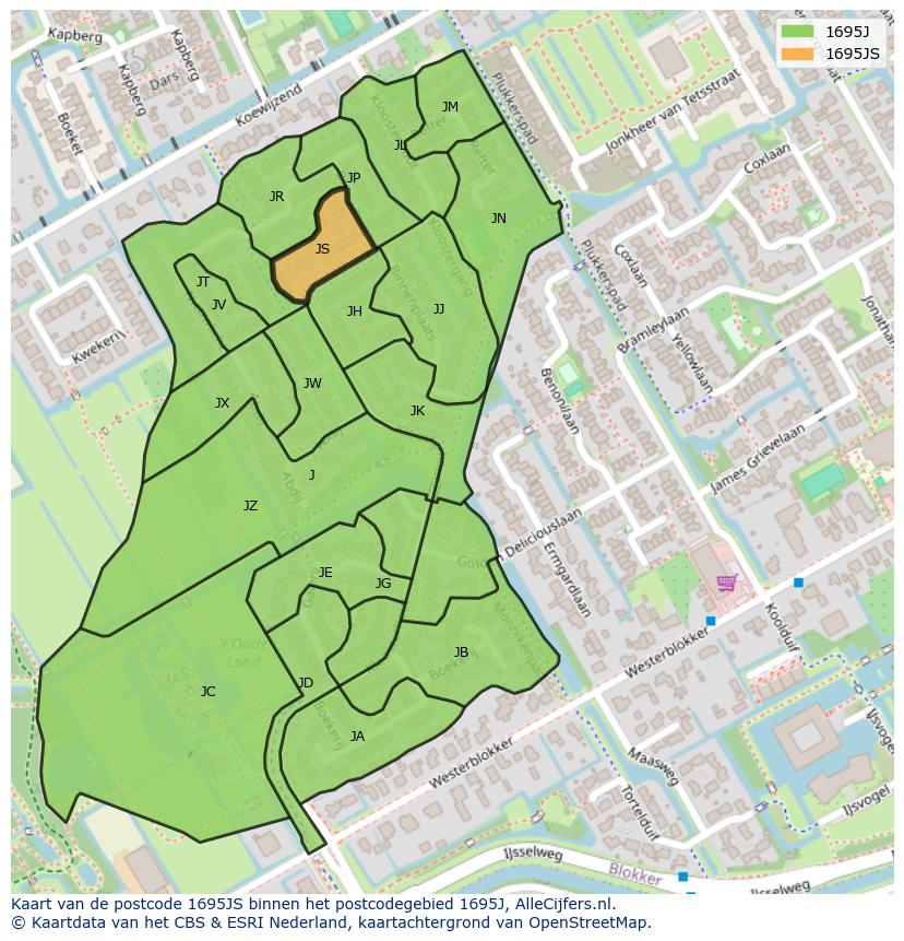 Afbeelding van het postcodegebied 1695 JS op de kaart.