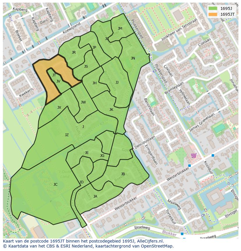 Afbeelding van het postcodegebied 1695 JT op de kaart.