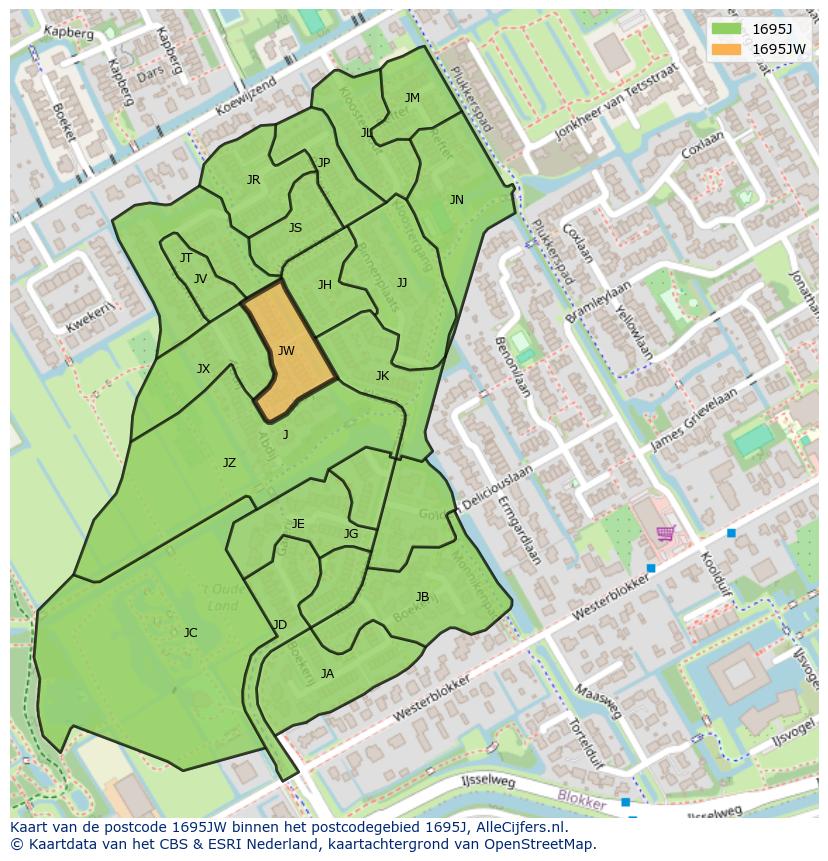 Afbeelding van het postcodegebied 1695 JW op de kaart.