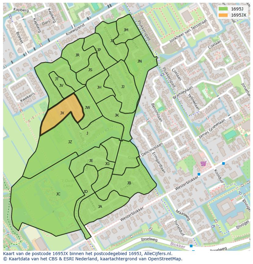 Afbeelding van het postcodegebied 1695 JX op de kaart.
