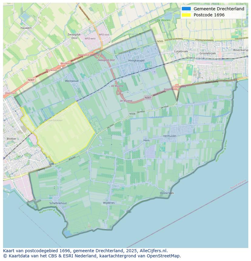 Afbeelding van het postcodegebied 1696 op de kaart.
