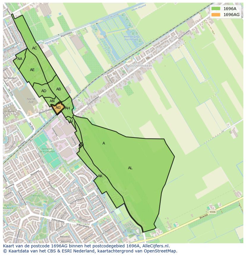 Afbeelding van het postcodegebied 1696 AG op de kaart.