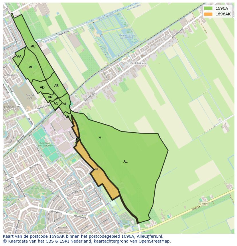 Afbeelding van het postcodegebied 1696 AK op de kaart.