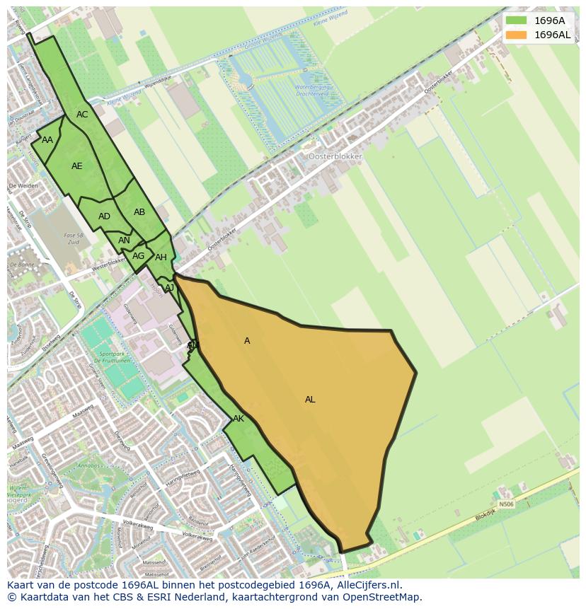 Afbeelding van het postcodegebied 1696 AL op de kaart.