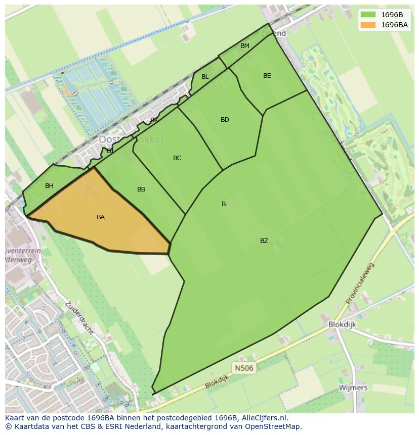 Afbeelding van het postcodegebied 1696 BA op de kaart.
