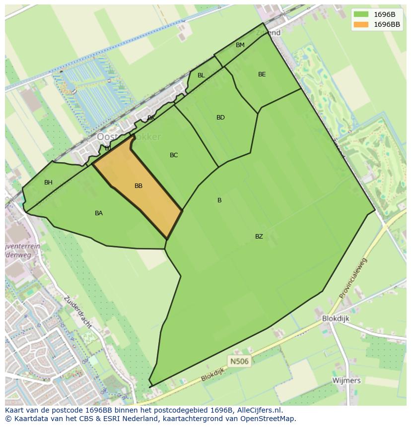 Afbeelding van het postcodegebied 1696 BB op de kaart.