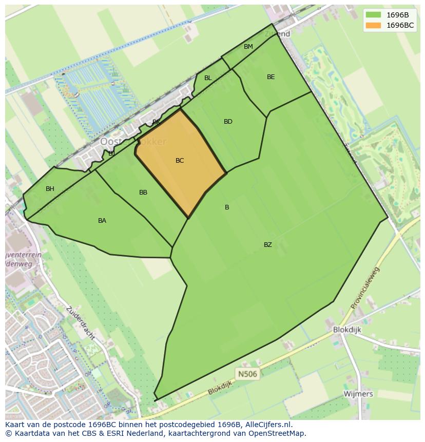 Afbeelding van het postcodegebied 1696 BC op de kaart.