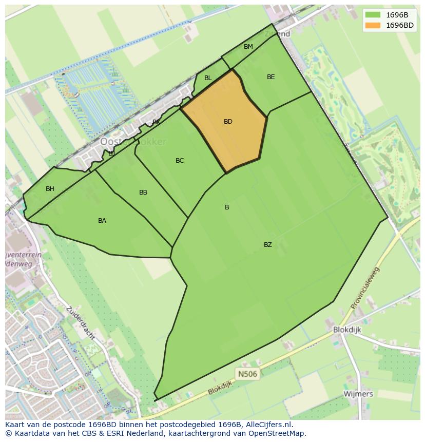 Afbeelding van het postcodegebied 1696 BD op de kaart.