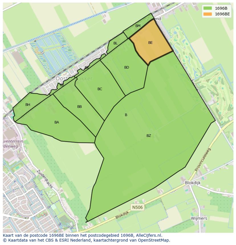 Afbeelding van het postcodegebied 1696 BE op de kaart.