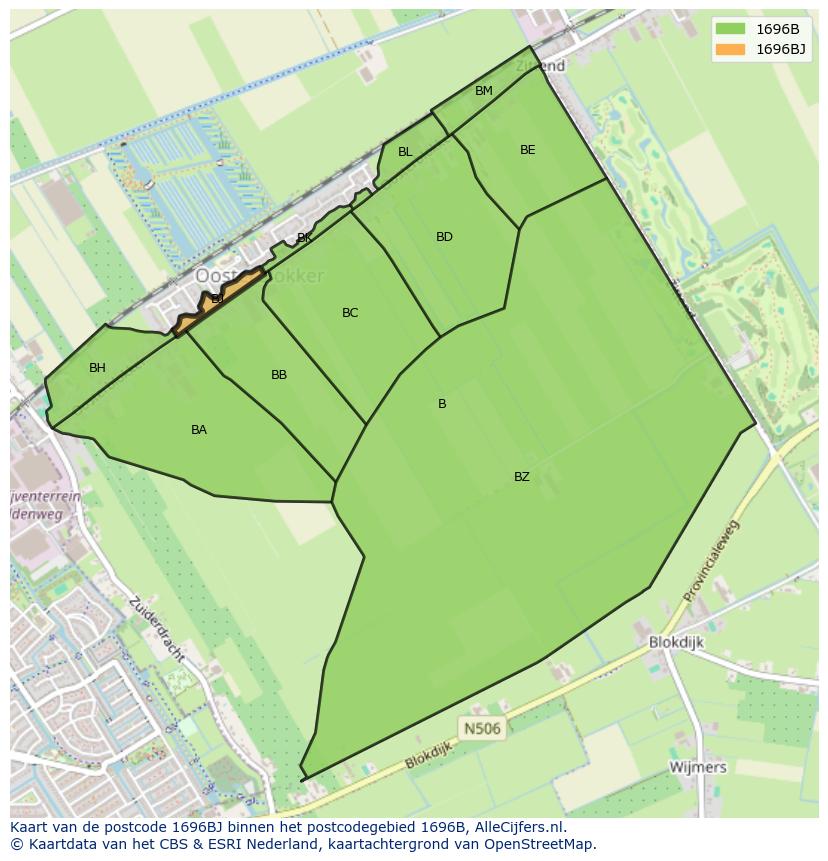 Afbeelding van het postcodegebied 1696 BJ op de kaart.