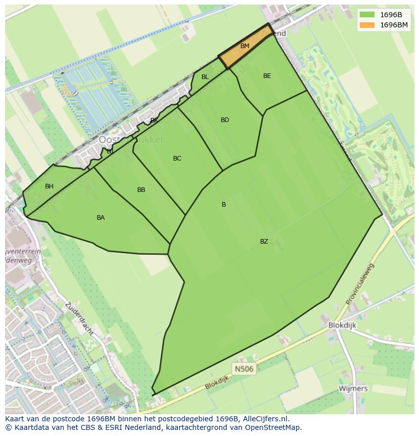 Afbeelding van het postcodegebied 1696 BM op de kaart.