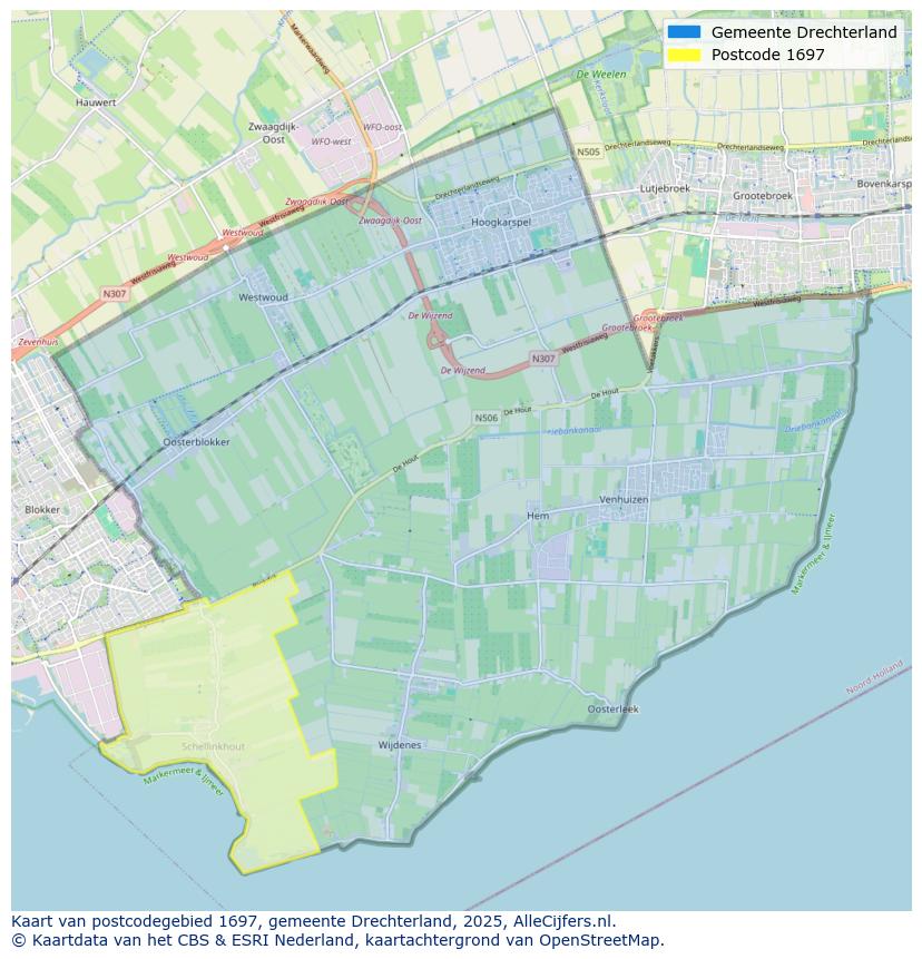 Afbeelding van het postcodegebied 1697 op de kaart.