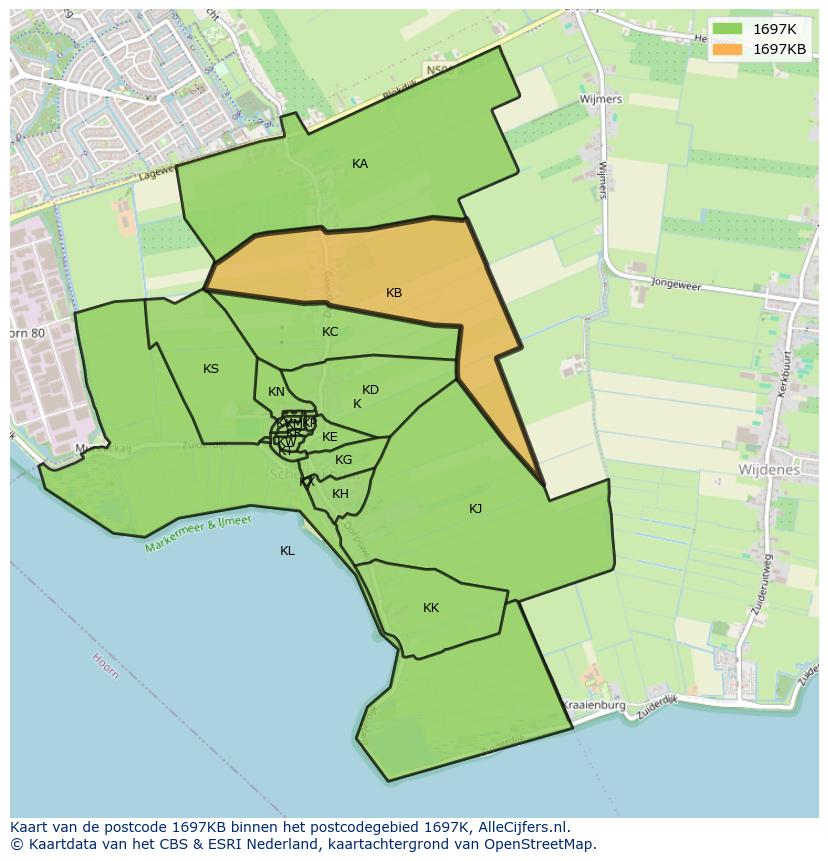 Afbeelding van het postcodegebied 1697 KB op de kaart.