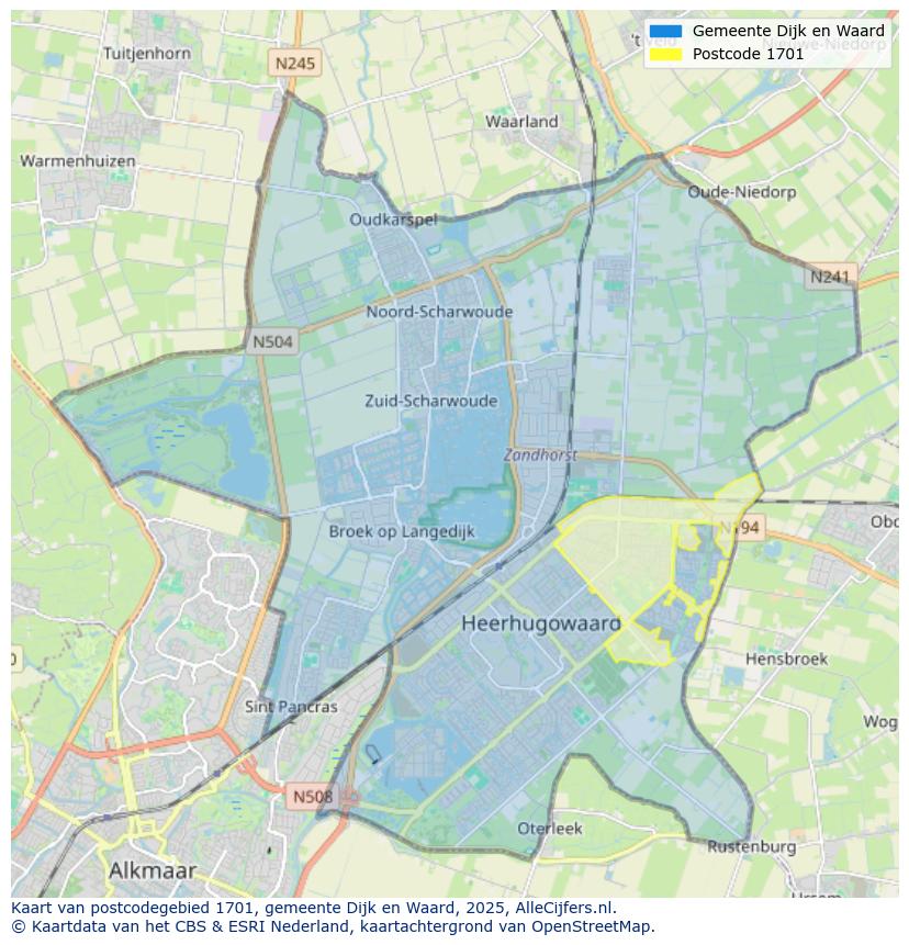 Afbeelding van het postcodegebied 1701 op de kaart.