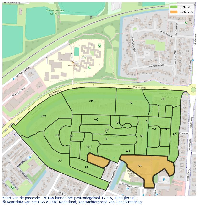 Afbeelding van het postcodegebied 1701 AA op de kaart.