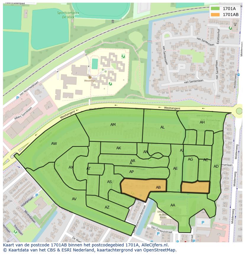 Afbeelding van het postcodegebied 1701 AB op de kaart.