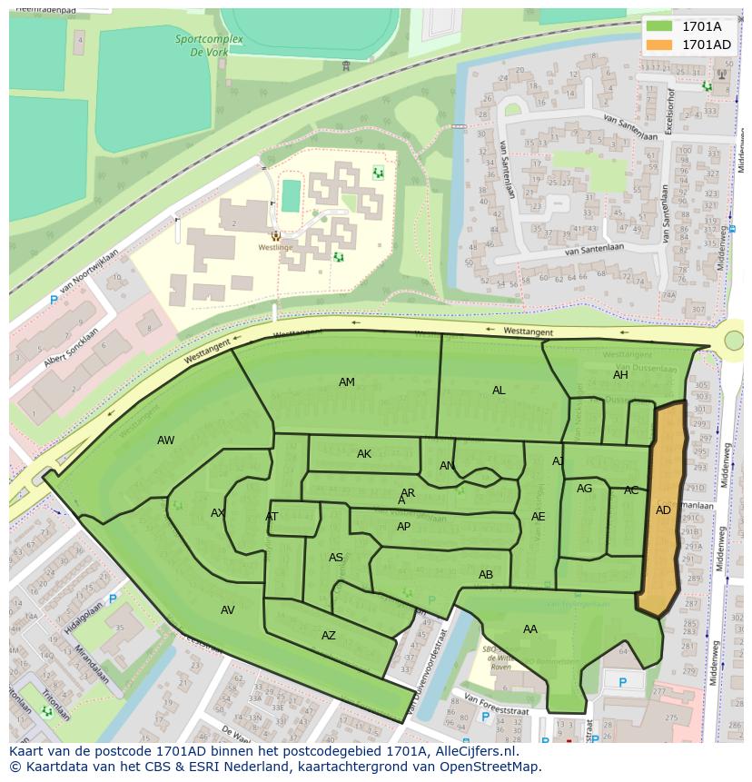 Afbeelding van het postcodegebied 1701 AD op de kaart.