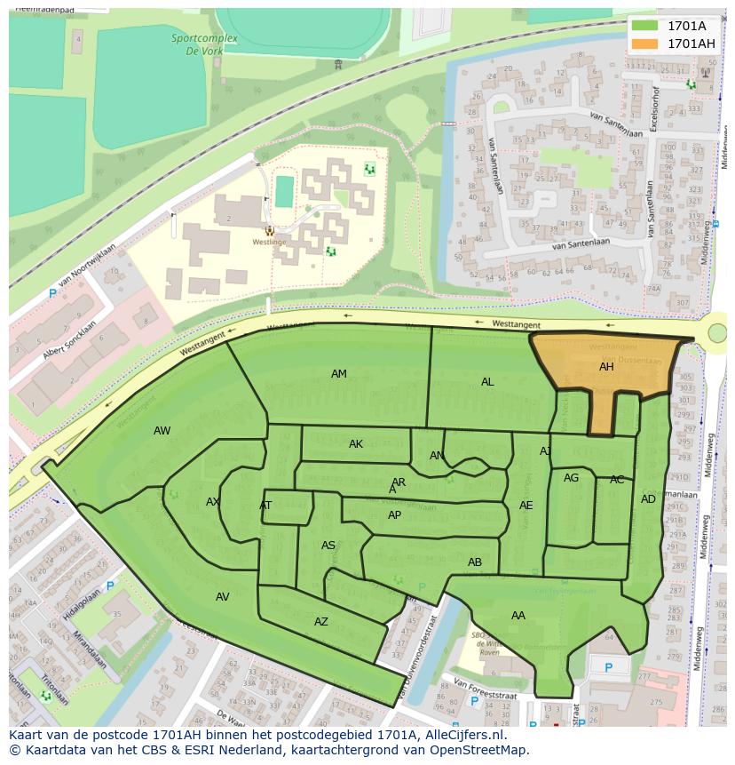 Afbeelding van het postcodegebied 1701 AH op de kaart.