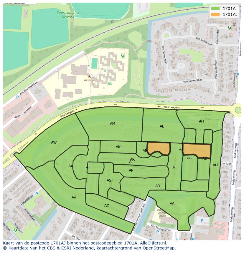 Afbeelding van het postcodegebied 1701 AJ op de kaart.
