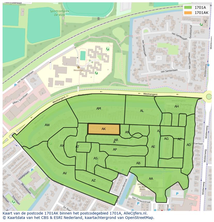 Afbeelding van het postcodegebied 1701 AK op de kaart.
