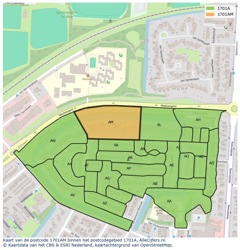 Afbeelding van het postcodegebied 1701 AM op de kaart.