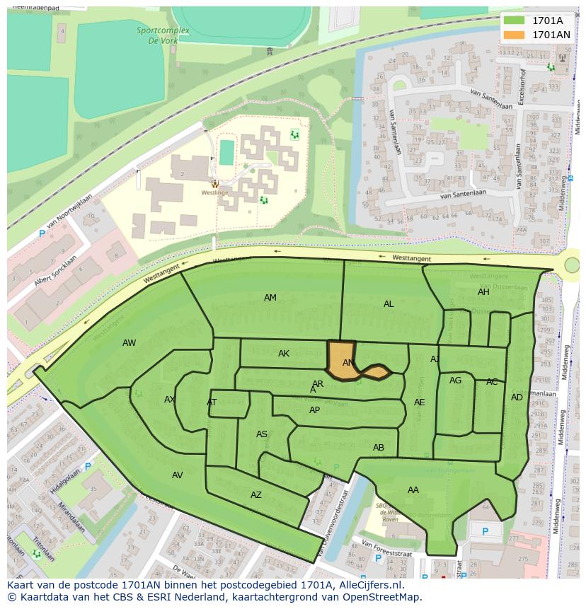 Afbeelding van het postcodegebied 1701 AN op de kaart.