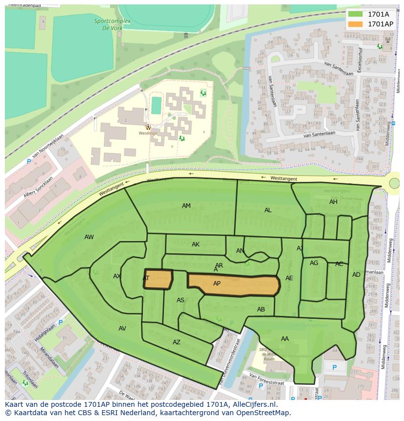 Afbeelding van het postcodegebied 1701 AP op de kaart.