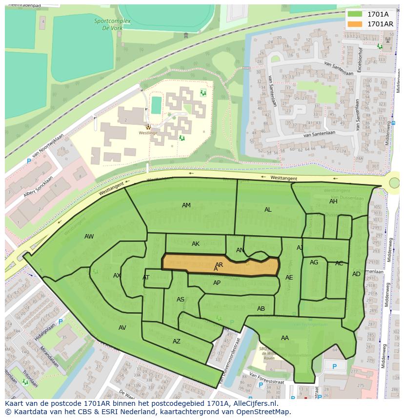 Afbeelding van het postcodegebied 1701 AR op de kaart.