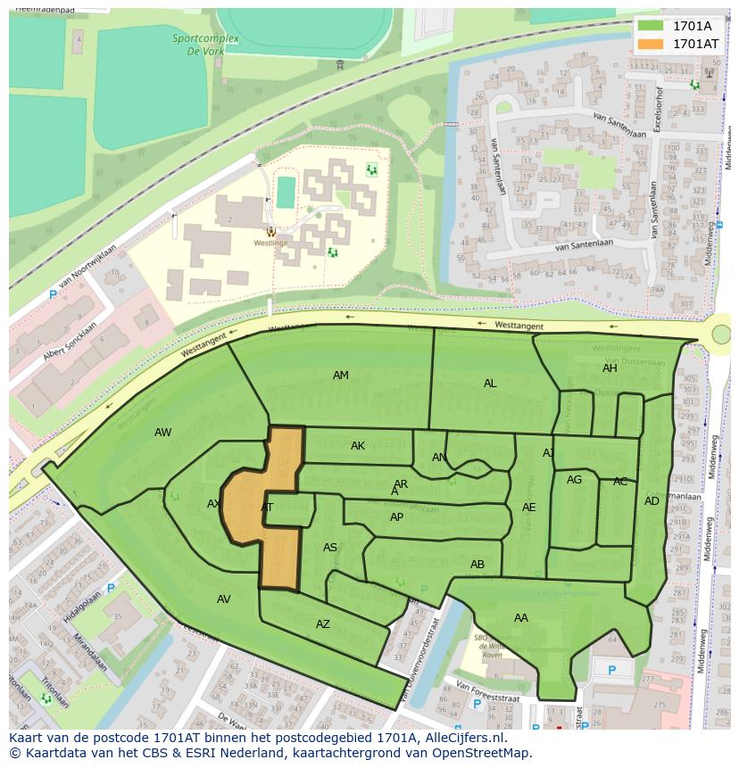 Afbeelding van het postcodegebied 1701 AT op de kaart.