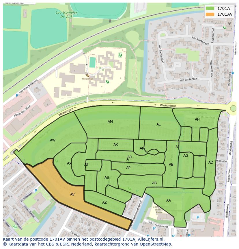 Afbeelding van het postcodegebied 1701 AV op de kaart.