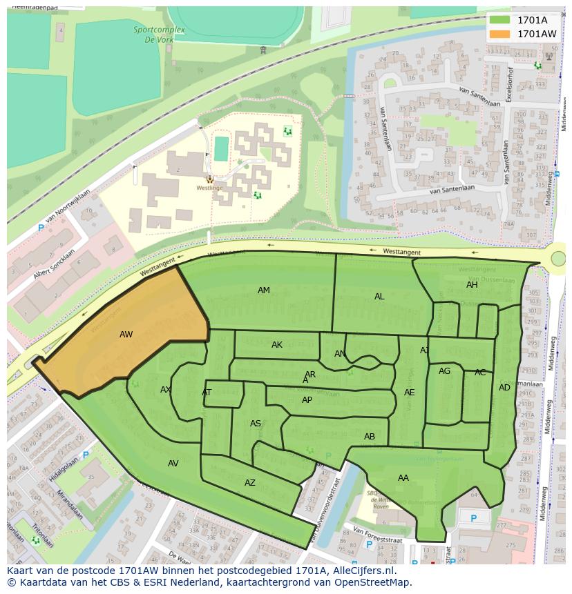 Afbeelding van het postcodegebied 1701 AW op de kaart.