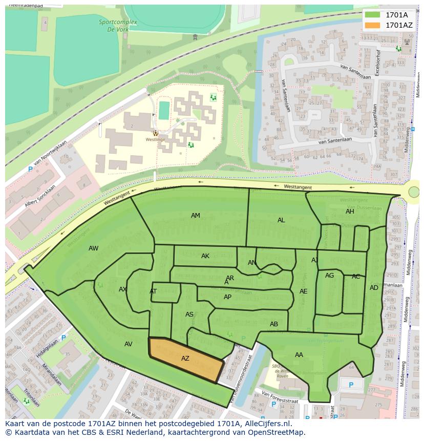 Afbeelding van het postcodegebied 1701 AZ op de kaart.