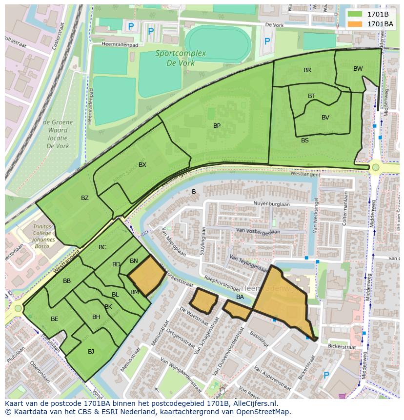 Afbeelding van het postcodegebied 1701 BA op de kaart.