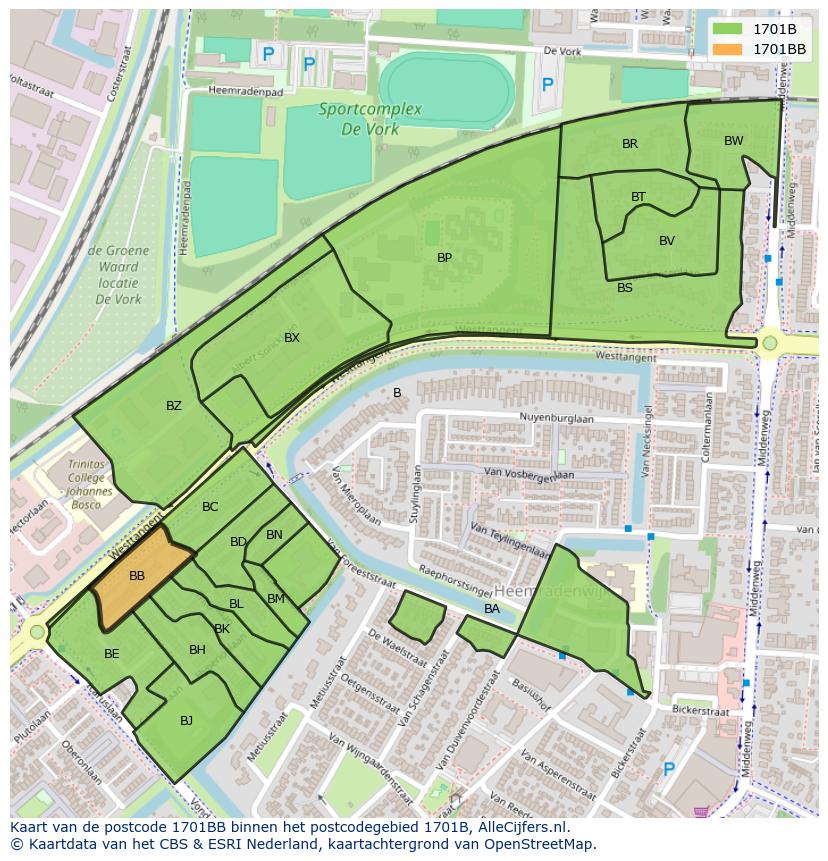 Afbeelding van het postcodegebied 1701 BB op de kaart.
