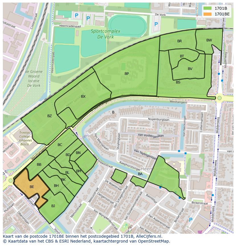 Afbeelding van het postcodegebied 1701 BE op de kaart.