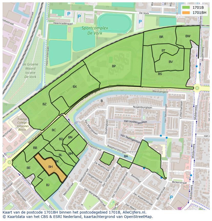 Afbeelding van het postcodegebied 1701 BH op de kaart.