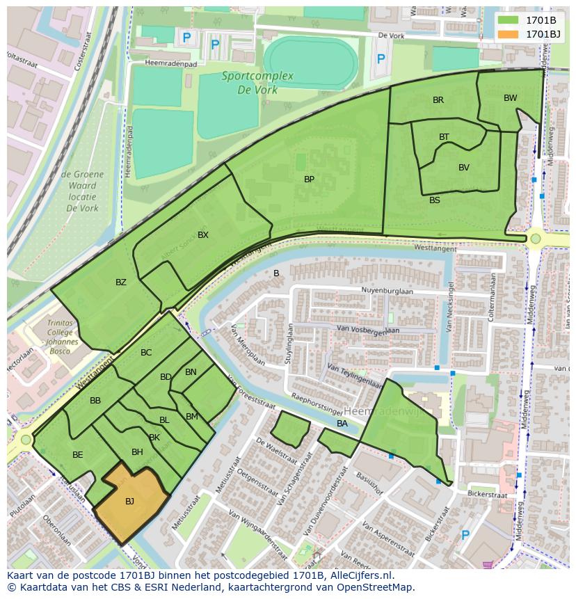 Afbeelding van het postcodegebied 1701 BJ op de kaart.