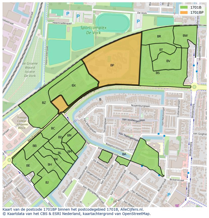 Afbeelding van het postcodegebied 1701 BP op de kaart.