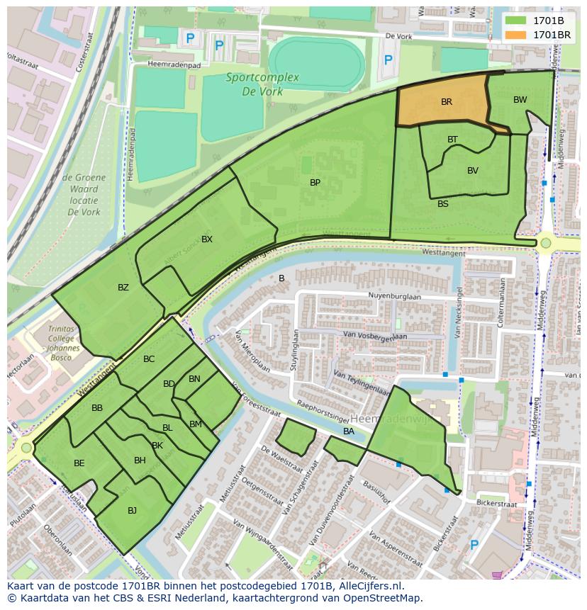 Afbeelding van het postcodegebied 1701 BR op de kaart.