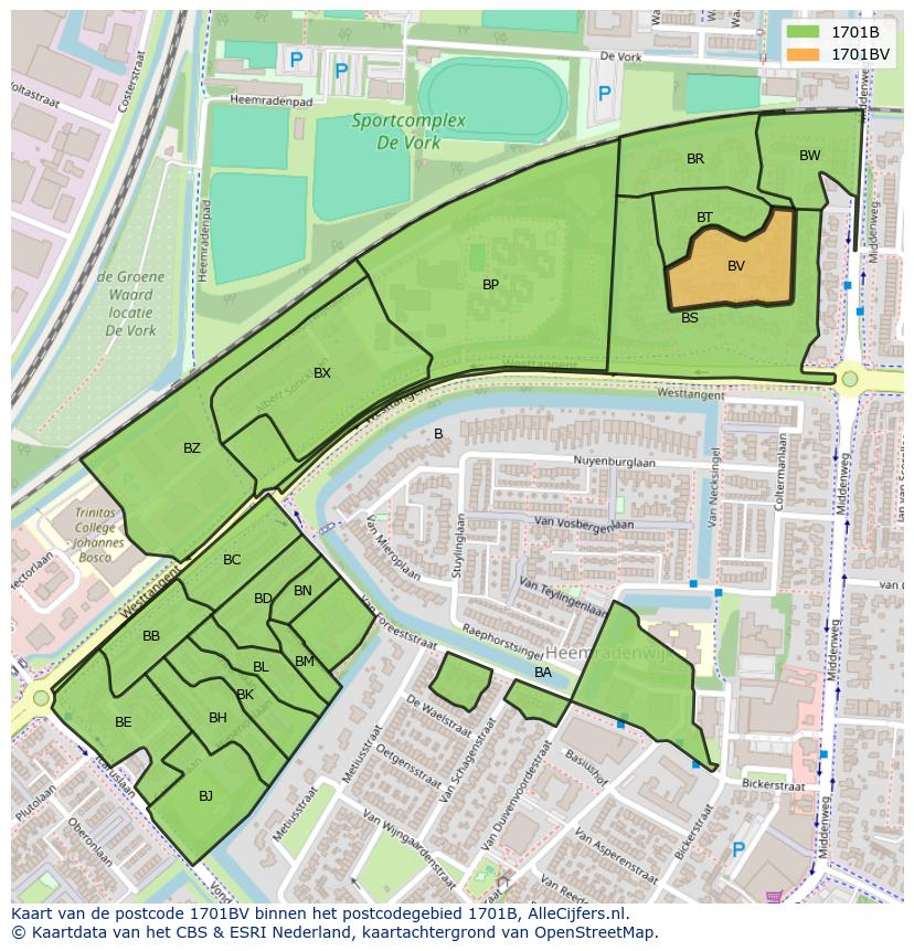 Afbeelding van het postcodegebied 1701 BV op de kaart.